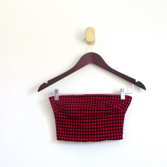 I AM GIA Alexis Checkered Strapless Crop Top Red Black SZ S - Picture 6 of 12